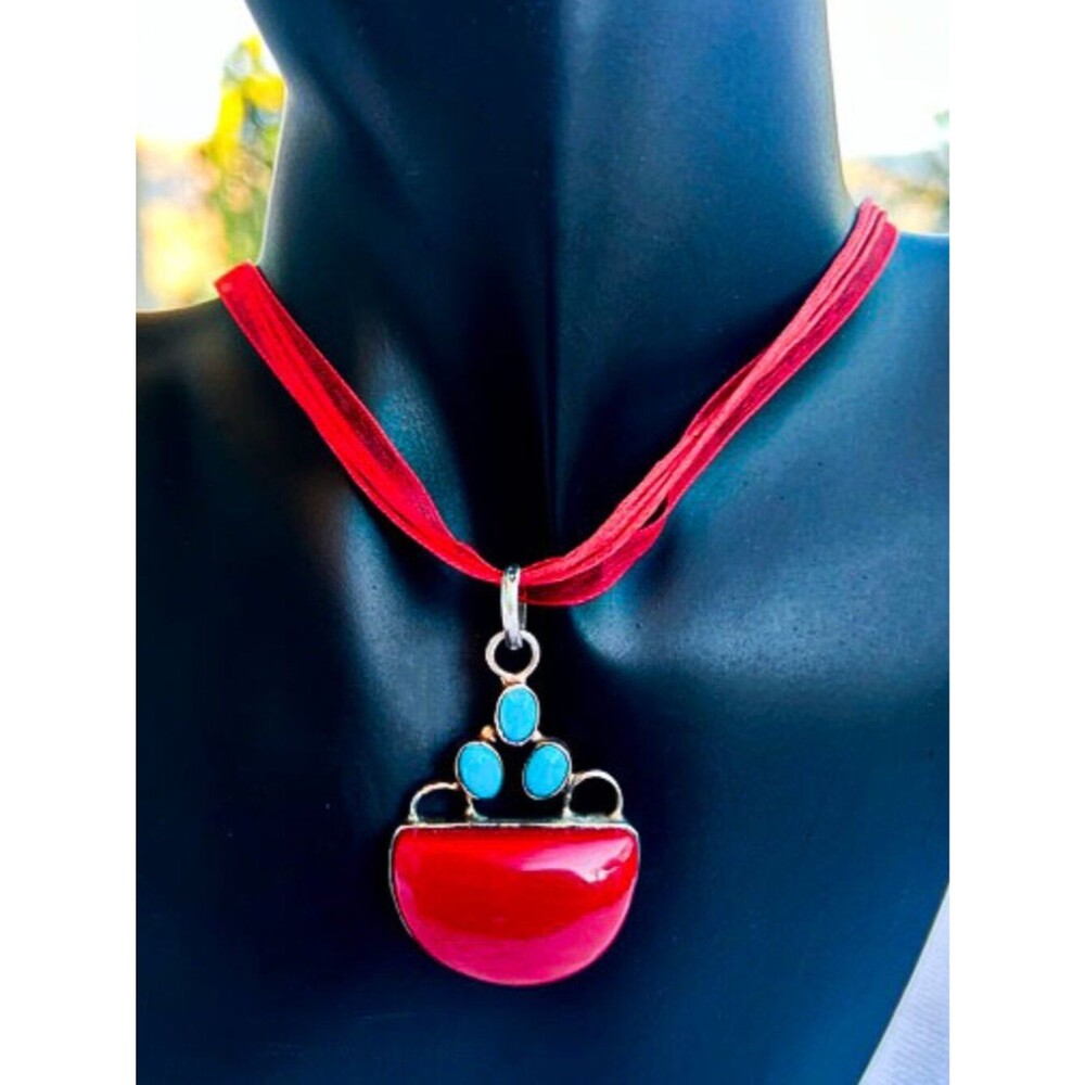 Red and Turquoise Sterling Pendant Necklace with Red Ribbon Cord